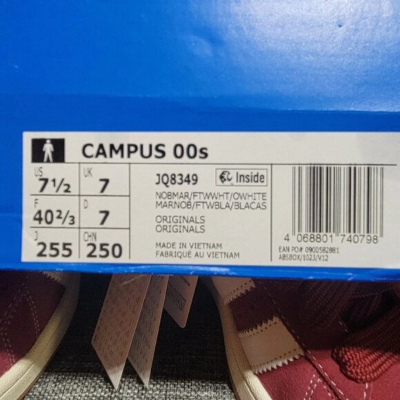 Brand New, Never Worn MENS Size 7.5 US Adidas Campus 00 Burgundy and White Shoes - Picture 8 of 8